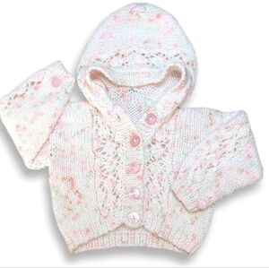 Vintage Handmade Sweater Newborn Baby Girl Hooded Fall Winter Pink Cardigan